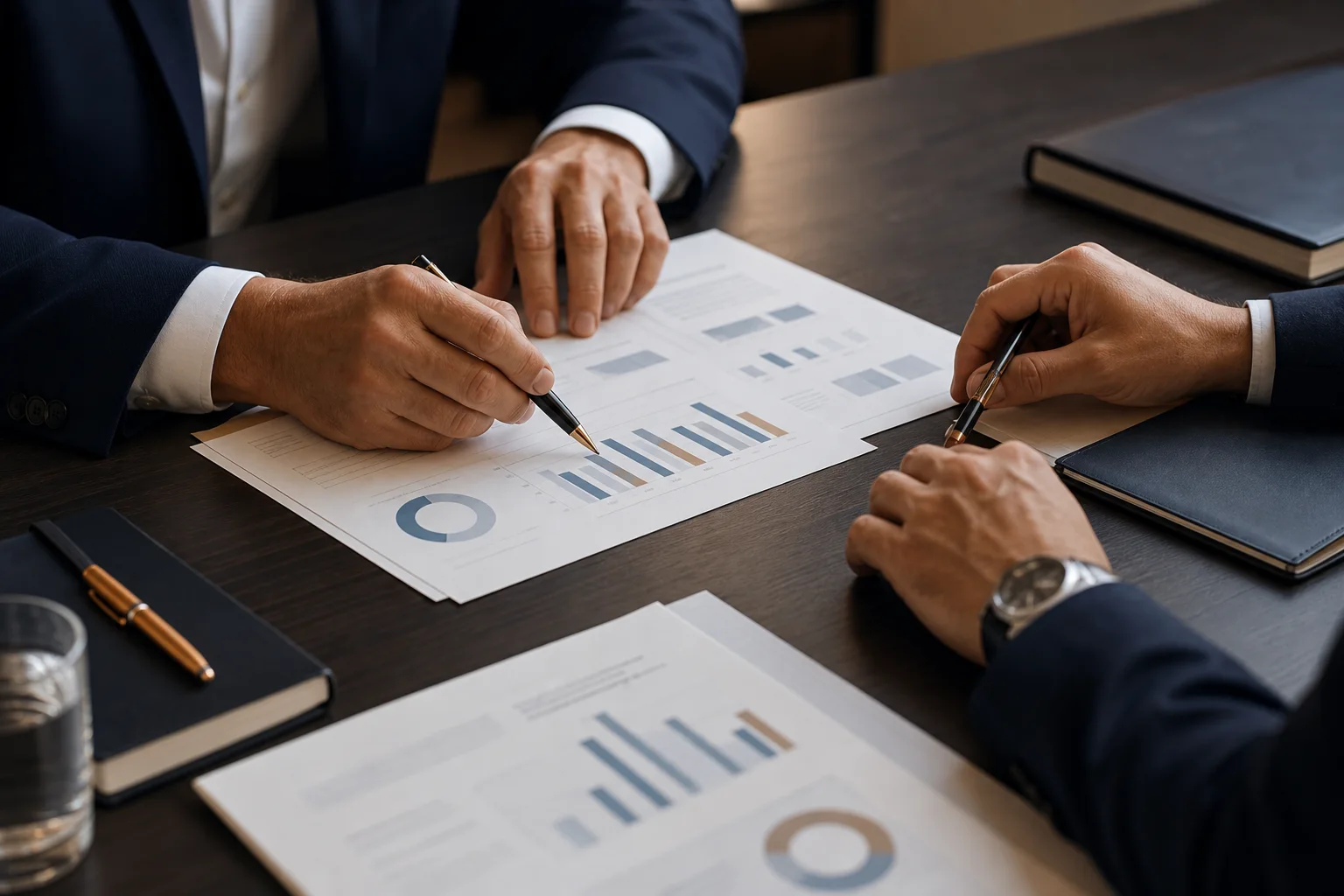 Discussion confidentielle autour de documents financiers.