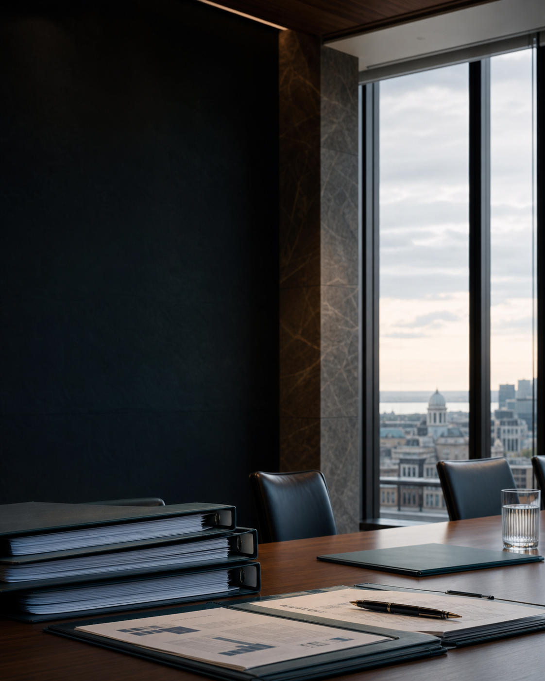 Salle de réunion confidentielle avec documents transactionnels.